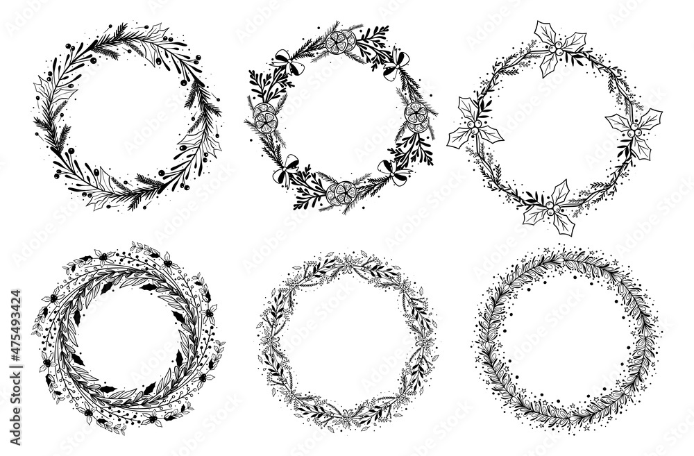 Obraz premium Decorative greeting wreaths. Christmas collection. Hand drawn illustration. Design elements.