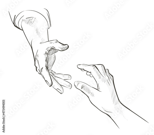 Helping hand concept. Gesture, sign of help and hope. Two hands taking each other. Isolated watercolor, line illustration on white background.