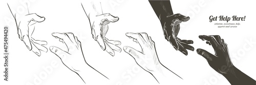 Helping hand concept. Gesture, sign of help and hope. Two hands taking each other. Isolated watercolor, line illustration on white background.