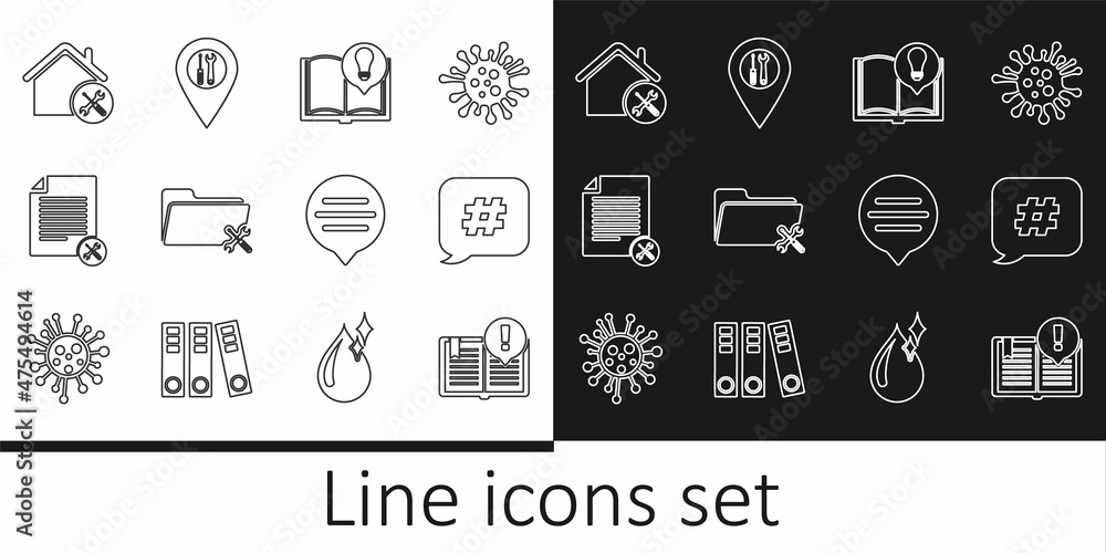 Set line Interesting facts, Hashtag speech bubble, Folder service, File document, House, Speech chat and Location icon. Vector