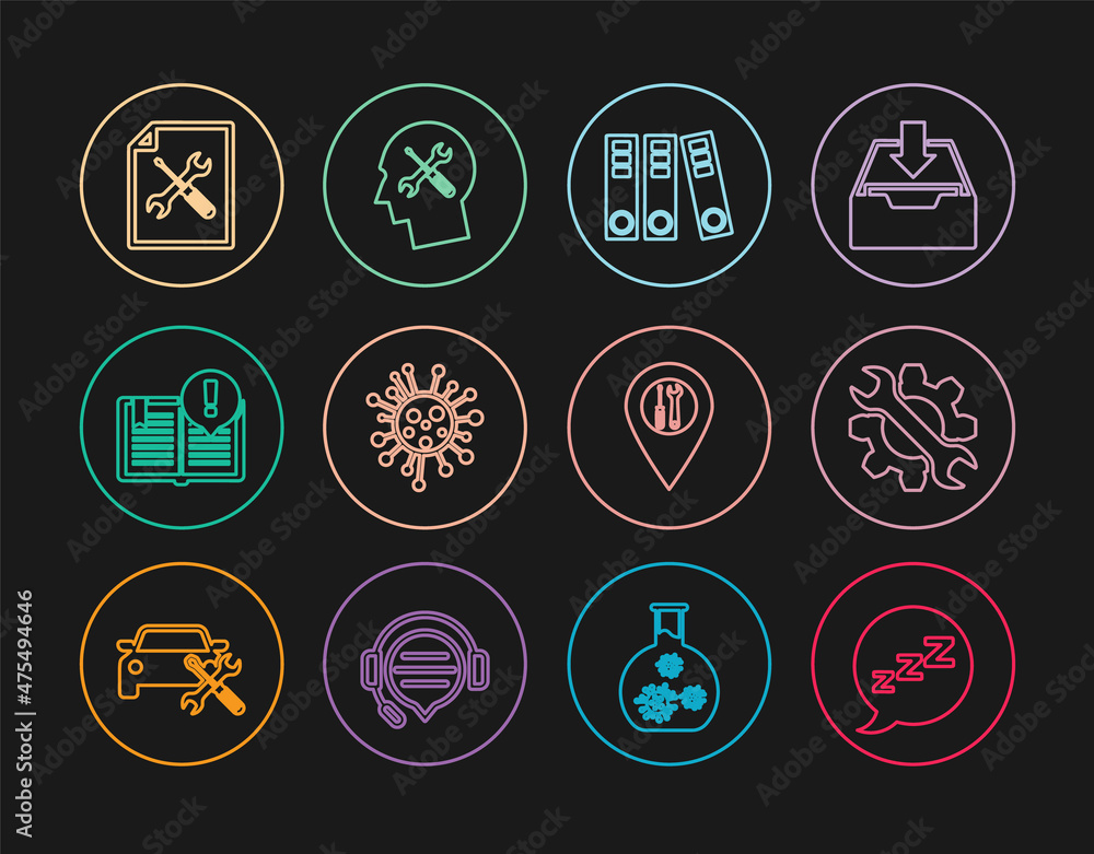 Set line Speech bubble with snoring, Wrench and gear, Office folders, Bacteria, Interesting facts, File document service, Location and Human head icon. Vector Set line Speech bubble with snoring, Wrench and gear, Office folders, Bacteria, Interesting facts, File document service, Location and Human head icon. Vector