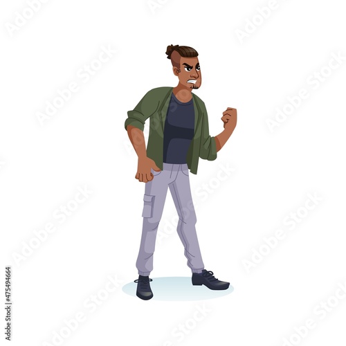 Vector flat cartoon black man character in aggressive mood-social inequality and protest,discontent,black lives matter movement,anger management and social behavior concept,web site banner ad design