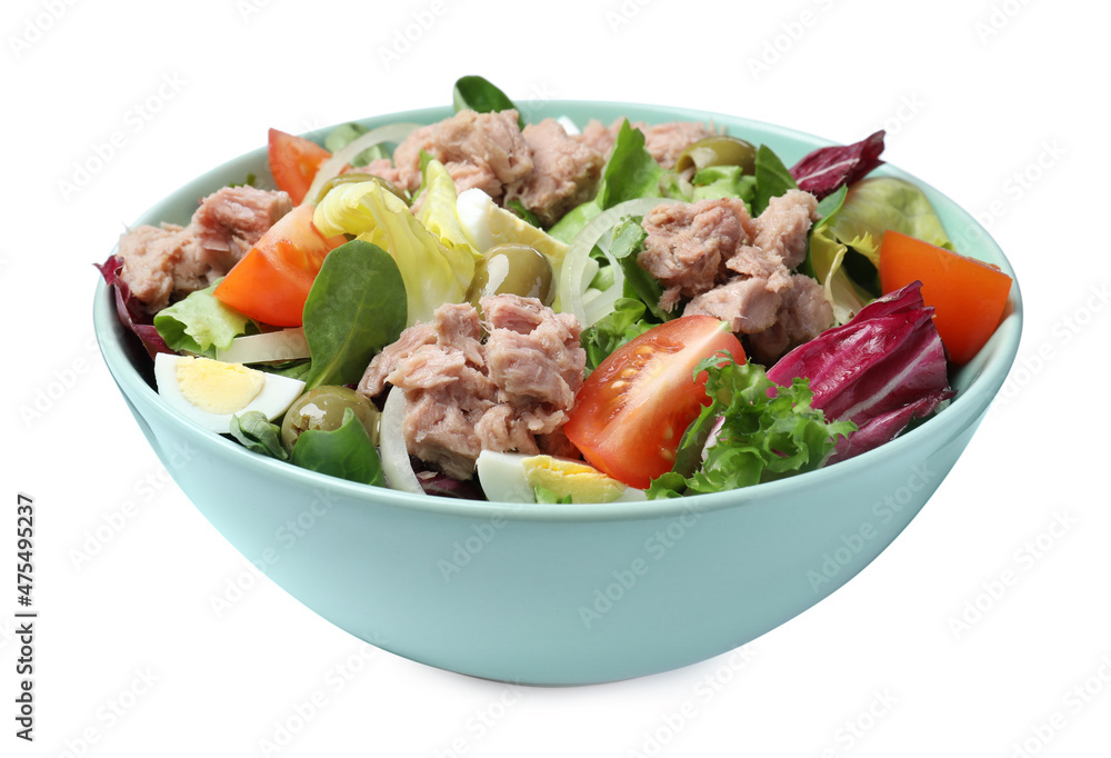 Bowl of delicious salad with canned tuna and vegetables on white background Bowl of delicious salad with canned tuna and vegetables on white background
