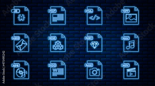 Set line MOV file document, WAV, HTML, 3DS, MSG, JS, RUBY and PDF icon. Vector