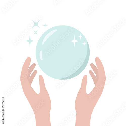 Fortune teller crystal ball. Hands holding a magic ball, seeing the future.