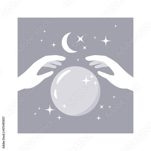 Magicians hands with crystal ball. Telling fortunes, predicting the future.