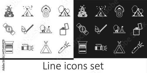 Set line Flashlight, Lighter, Canteen water bottle, Burning match with fire, Compass, Campfire, Tourist tent flag and icon. Vector