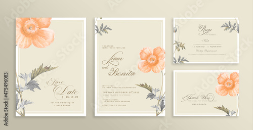 Wedding Invitation Set with Save the Date, RSVP, Thank You Card. Vintage Wedding invitation template with Orange fFlower photo