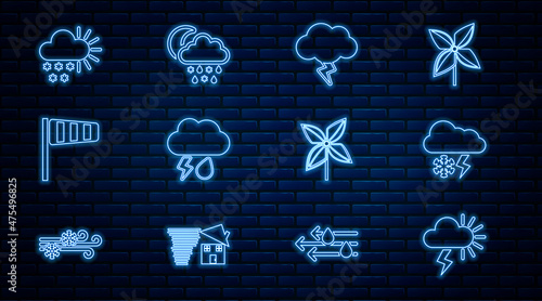 Set line Storm, Cloud with snow and lightning, rain, Cone windsock wind vane, Cloudy, Pinwheel and snow, moon icon. Vector