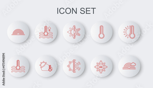 Set line Rainbow with cloud, Water thermometer, Sun and snowflake, UV protection, Thermometer sun and icon. Vector