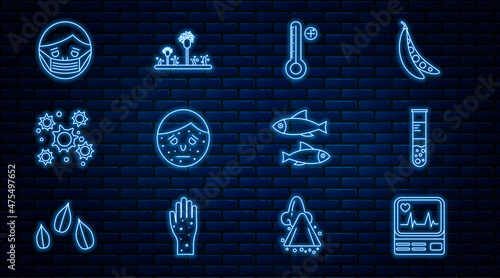 Set line Monitor with cardiogram, Test tube and flask, Medical digital thermometer, Face psoriasis eczema, Bacteria, in protective mask, Fish and Mold icon. Vector