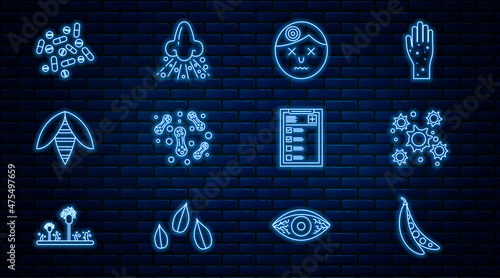 Set line Kidney beans, Bacteria, Man having headache, Bee, Medicine pill or tablet, Clinical record and Runny nose icon. Vector