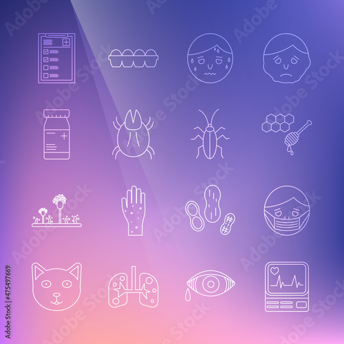 Set line Monitor with cardiogram, Face in protective mask, Honeycomb honey dipper, Man excessive sweating, Parasite mite, Medicine bottle and pills, Clinical record and Cockroach icon. Vector