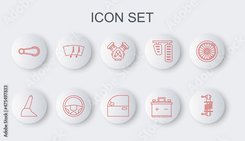 Set line Shock absorber, Car handbrake, engine, battery, door handle, Windscreen wiper, Steering wheel and icon. Vector