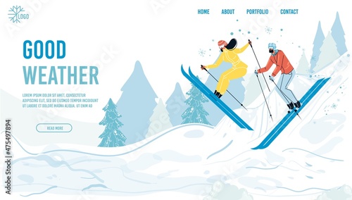 Fototapeta Naklejka Na Ścianę i Meble -  Good weather. Winter outdoor activity. Landing page design template with happy couple skiing enjoy active sport recreation