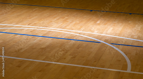 Wooden floor  basketball, badminton, futsal, handball, volleyball, football, soccer court. Wooden floor of sports hall with marking blue and white lines on wooden floor indoor, gym court photo