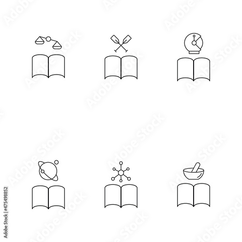 Books, fiction and reading concept. Vector illustrations in flat style. Editable strokes. Line icon set including icons of scales, paddles, astronaut, planet, chemical compound, mortar and pestle