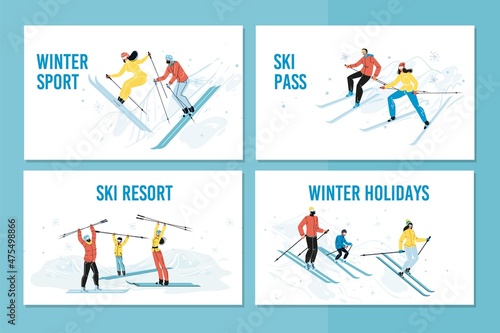 Winter holidays sport activities banner set. Christmas and new wear celebration in mountain. Happy family with children and loving couple skiing together design