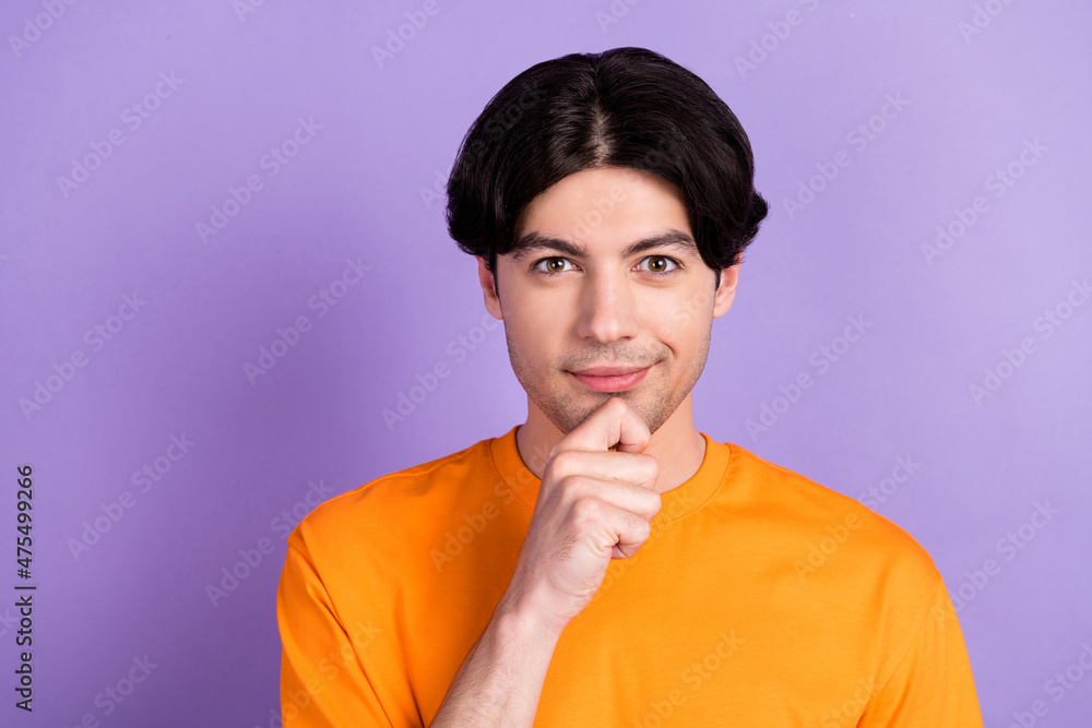 Fototapeta premium Photo of young happy charming man minded thoughtful smart hand chin isolated on purple color background