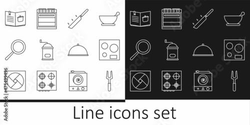 Set line Barbecue fork, Electric stove, Frying pan, Manual coffee grinder, Cookbook, Covered with tray and Oven icon. Vector