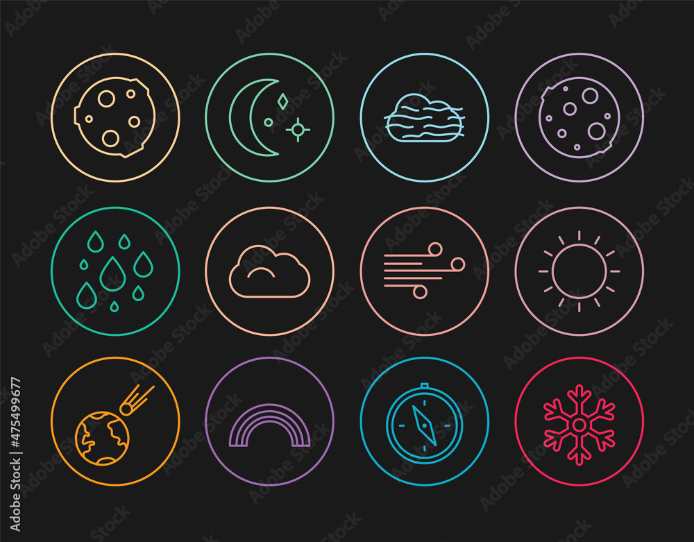 Set line Snowflake, Sun, Fog and cloud, Cloud, Water drop, Moon, Wind and stars icon. Vector Set line Snowflake, Sun, Fog and cloud, Cloud, Water drop, Moon, Wind and stars icon. Vector