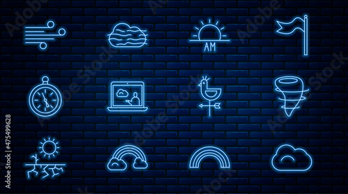 Set line Cloud, Tornado, Sunrise, Weather forecast, Compass, Wind, Rooster weather vane and Fog and cloud icon. Vector