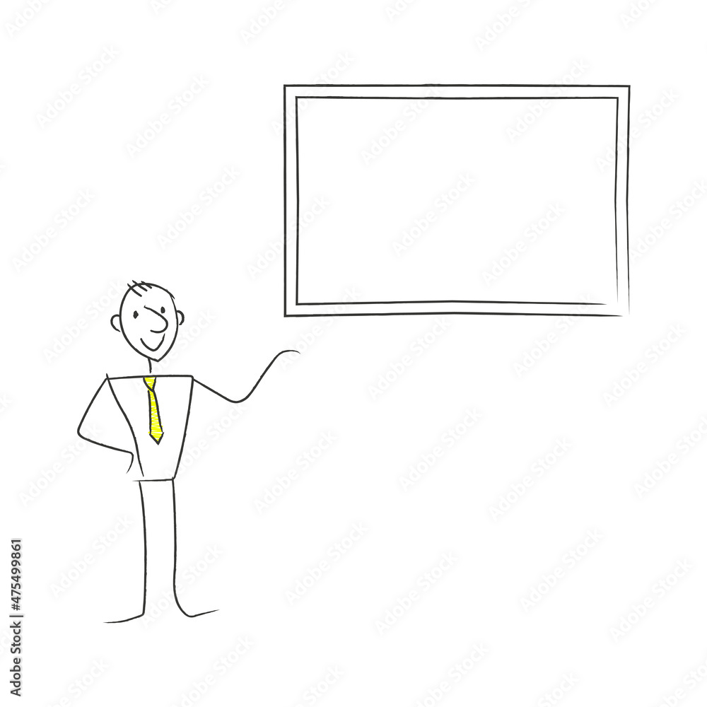 male stick figure with yellow tie pointing at billboard or frame male stick figure with yellow tie pointing at billboard or frame