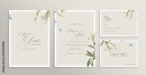 Wedding Invitation Set with Save the Date, RSVP, Thank You Card. Vintage Wedding invitation template with Green Leaves