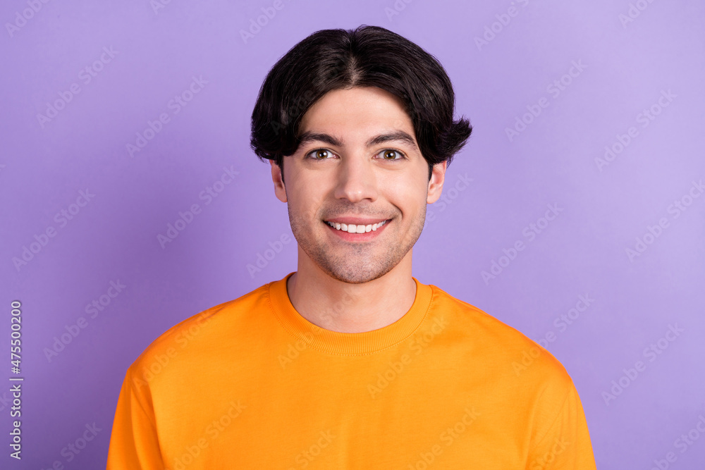 Obraz premium Photo of young happy cheerful positive woman smile good mood enjoy isolated on purple color background