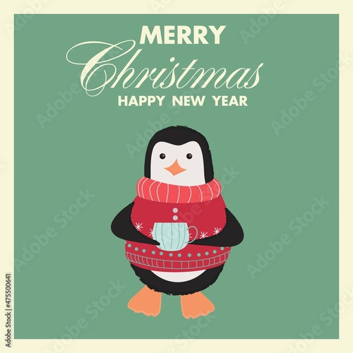 Christmas and New Year card on a green background a penguin in a red sweater holds a mug of hot grog.
