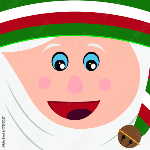 Vector cartoon of an elf. Face of an elf Santa Claus helper who creates toys for children at Christmas.