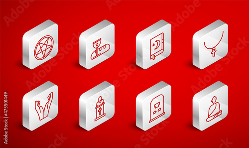 Set line Buddhist monk, Holy book of Koran, Christian cross chain, Tombstone with RIP written, Pentagram circle, Church pastor preaching and Hands praying position icon. Vector