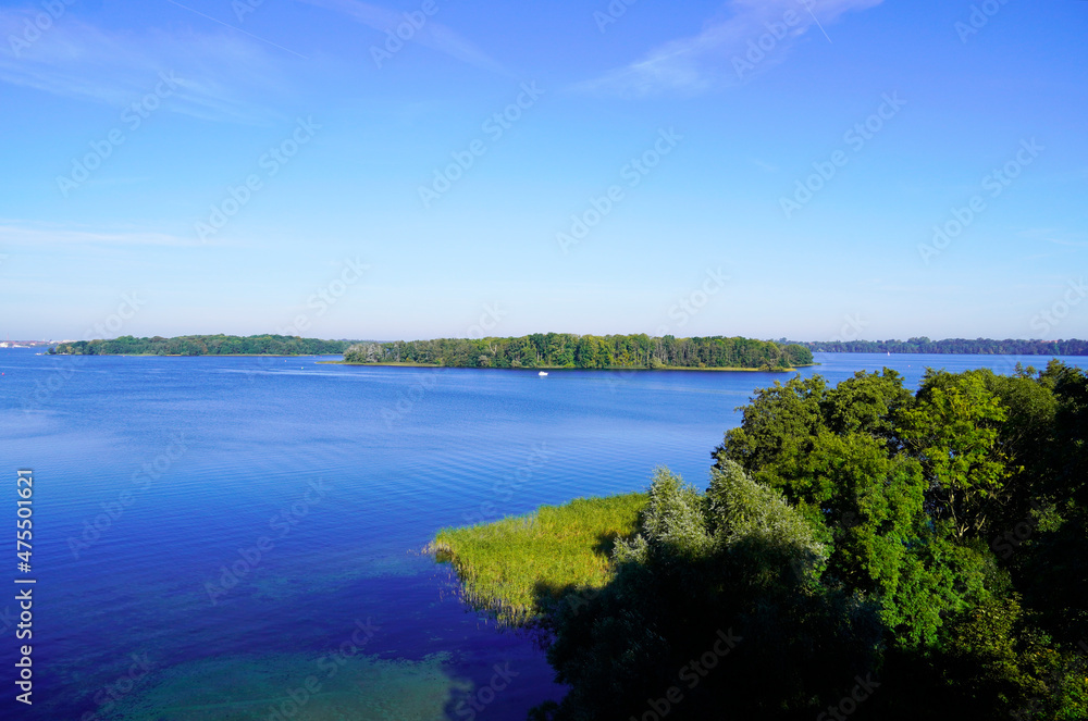 View from the Reppiner Castle in Schwerin on Lake Schwerin and the surrounding landscape.
