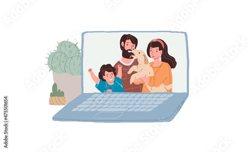 Vector flat cartoon happy family characters on computer screen using online app for video calls-healthy family relationships,modern ways of online communication concept,web site banner ad design
