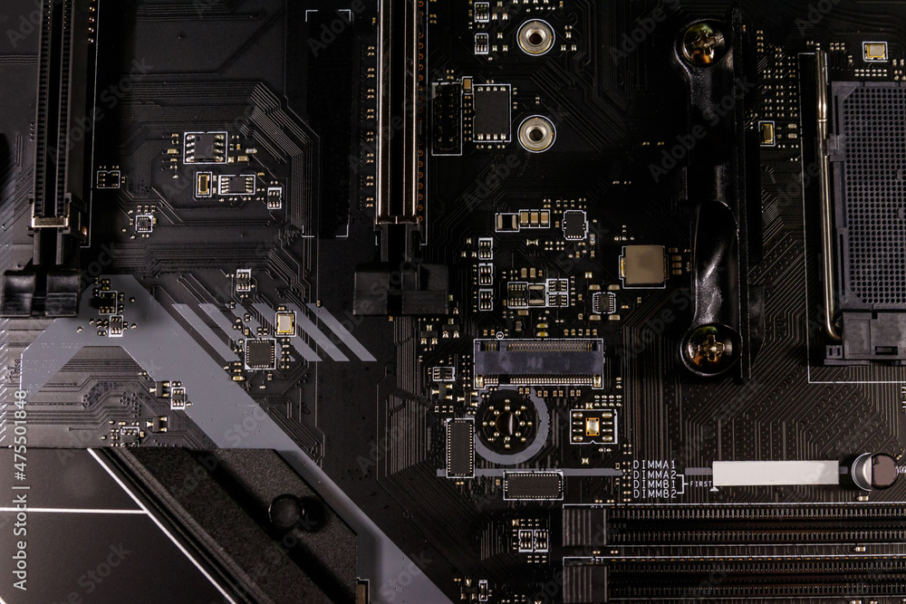 Close-up of a modern computer motherboard. Electronic computer hardware technology Close-up of a modern computer motherboard. Electronic computer hardware technology