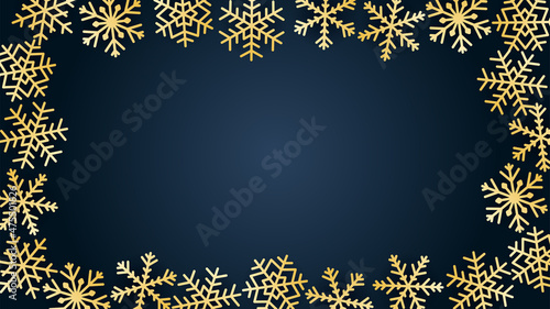 Snowflake border. Gold snowflakes on navy background