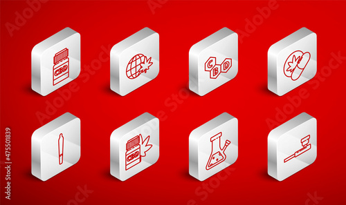 Set line Smoking pipe, Legalize marijuana globe, Cannabis molecule, Herbal ecstasy tablets, Glass bong for smoking cannabis, Medical bottle with, and Marijuana joint icon. Vector