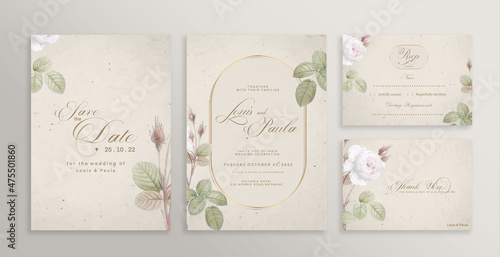 Wedding Invitation Set with Save the Date, RSVP, Thank You Card. Vintage Wedding invitation template with White Rose