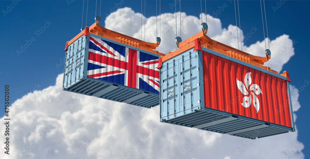 Freight containers with Hong Kong and United Kingdom national flags. 3D Rendering 
