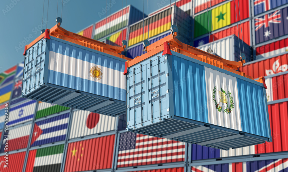 Freight containers with Argentina and Guatemala national flags. 3D Rendering 