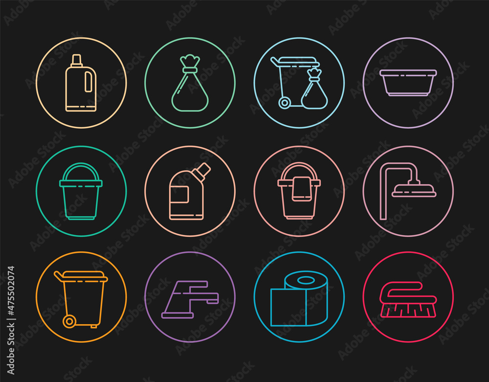 Set line Brush for cleaning, Shower head, Trash can and garbage bag, Bottles agent, Bucket, Fabric softener, with rag and Garbage icon. Vector Set line Brush for cleaning, Shower head, Trash can and garbage bag, Bottles agent, Bucket, Fabric softener, with rag and Garbage icon. Vector