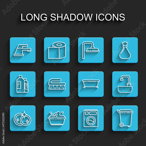 Set line Washing dishes, Plastic basin with soap suds, Water tap, Washer, Trash can, Brush for cleaning, Washbasin water and Bathtub icon. Vector