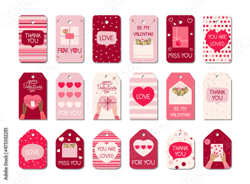 Big set of Valentine's day tags with hand written greeting lettering, gift boxes, female hands, hearts. Happy Valentine's day concept. Hand drawn vector illustration in pink, red colors