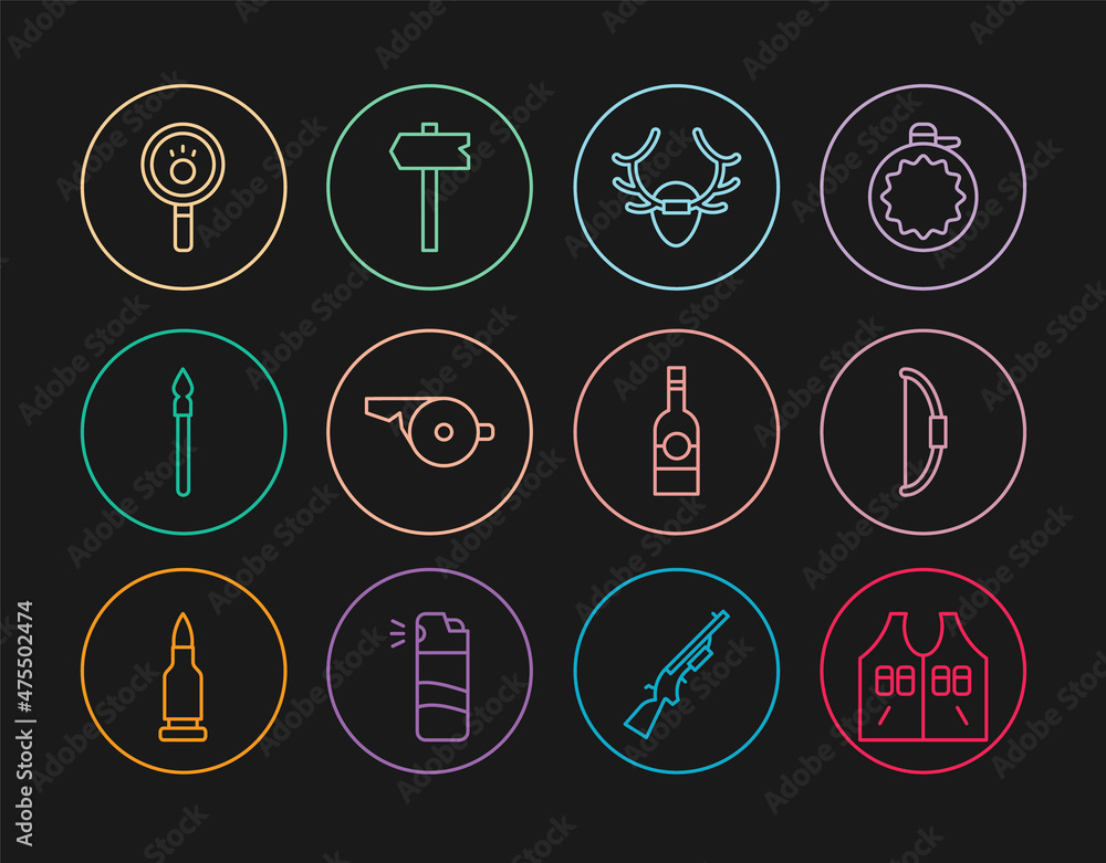Set line Hunting jacket, Bow, Deer antlers on shield, Whistle, Medieval spear, Paw search, Bottle of vodka and Road traffic sign icon. Vector Set line Hunting jacket, Bow, Deer antlers on shield, Whistle, Medieval spear, Paw search, Bottle of vodka and Road traffic sign icon. Vector