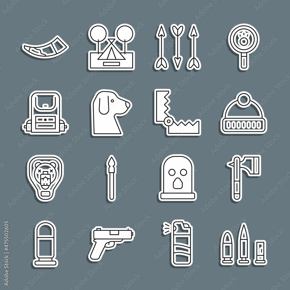 Set line Bullet and cartridge, Wooden axe, Winter hat, Hipster arrows, Dog, Hiking backpack, Hunting horn and Trap hunting icon. Vector Set line Bullet and cartridge, Wooden axe, Winter hat, Hipster arrows, Dog, Hiking backpack, Hunting horn and Trap hunting icon. Vector