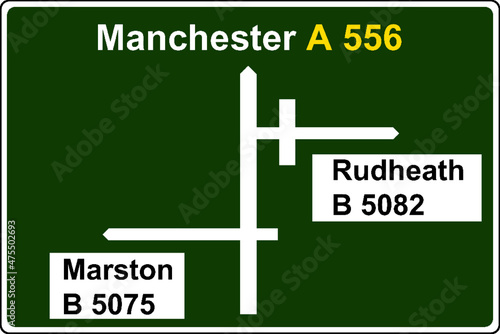 Complex primary route direction road sign to Manchester