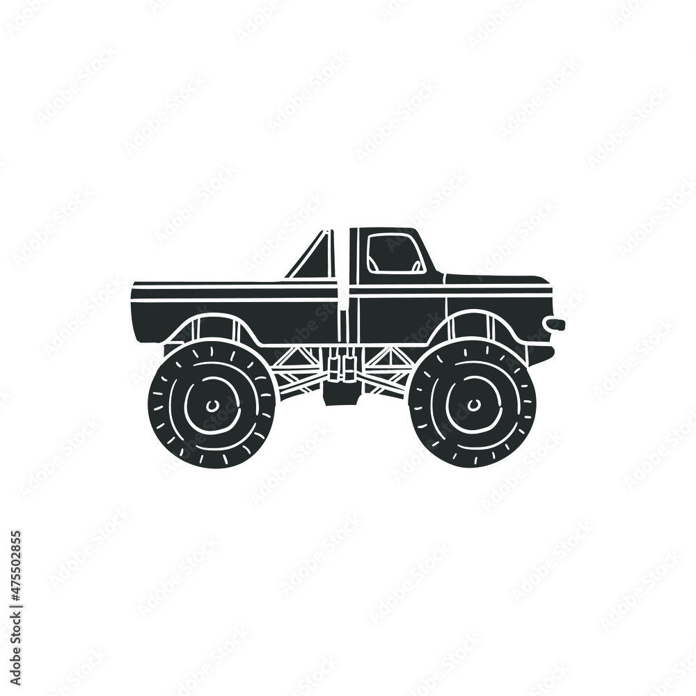 Monster Truck Icon Silhouette Illustration. Automobile Big Machine Vector Graphic Pictogram Symbol Clip Art. Doodle Sketch Black Sign.