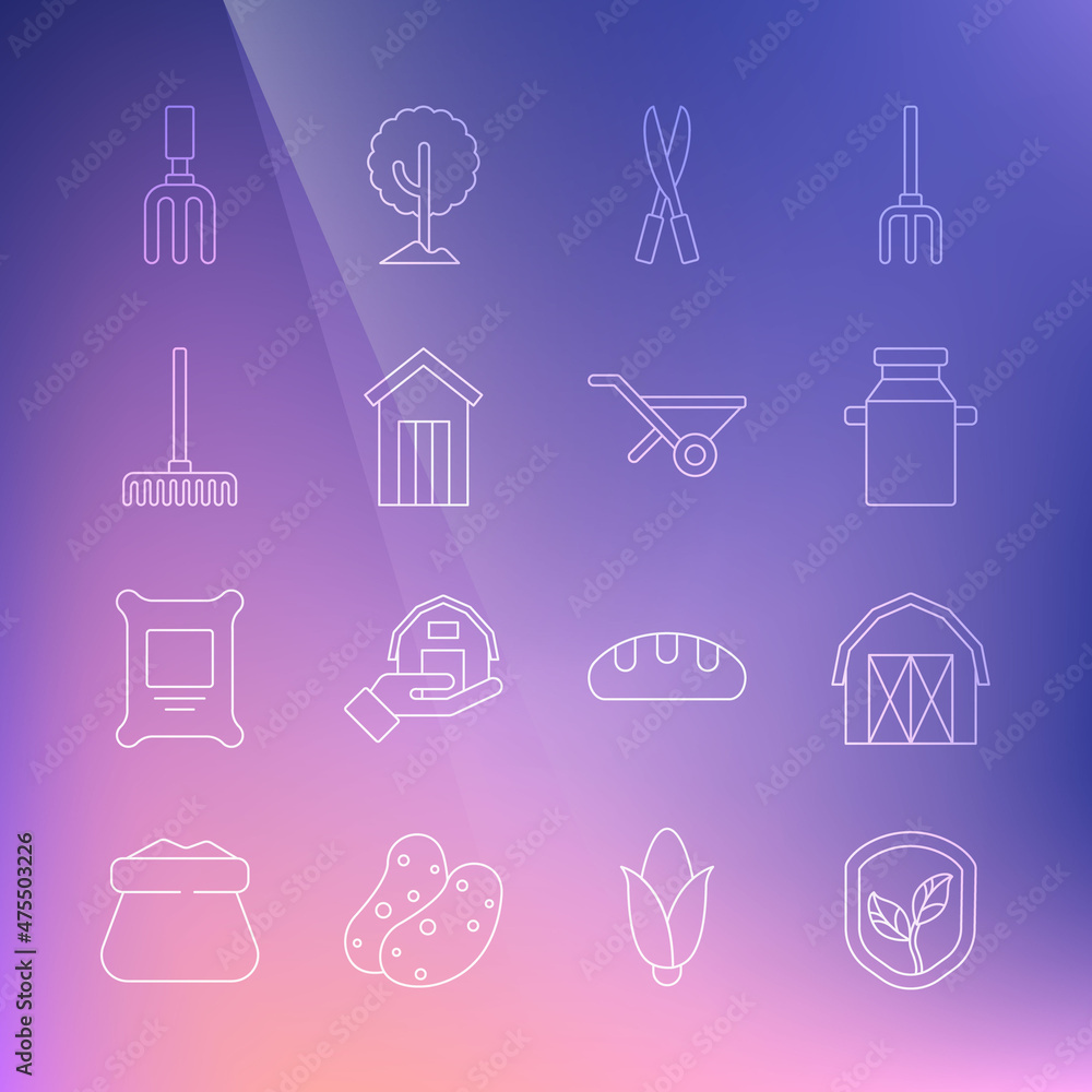 Set line Shield with leaf, Farm house, Can container for milk, Gardening handmade scissors, Wooden outdoor toilet, rake, and Wheelbarrow icon. Vector Set line Shield with leaf, Farm house, Can container for milk, Gardening handmade scissors, Wooden outdoor toilet, rake, and Wheelbarrow icon. Vector