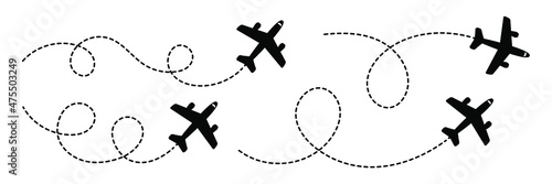 Plane with track set icon vector illustration. Plane route. Airplane path flat style vector icon.