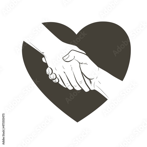 Helping hand and heart. Gesture, sign of help and hope concept. Two hands taking each other. Isolated vector line illustration on white background.